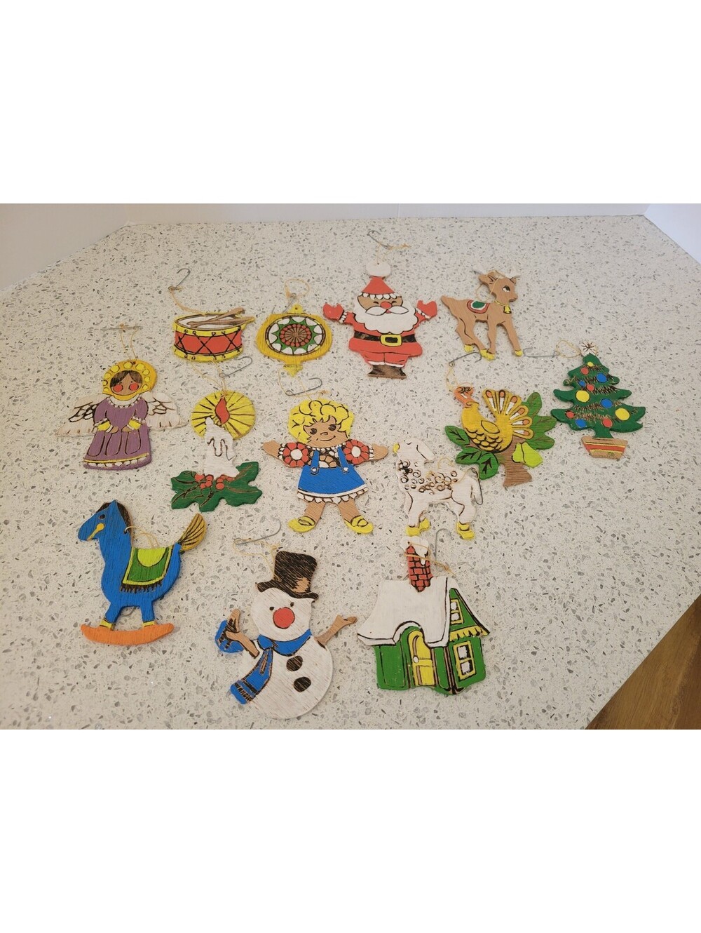 Vtg Handmade Wood Christmas Ornaments Set Of 13 Multicolor Rustic Tree Decor
